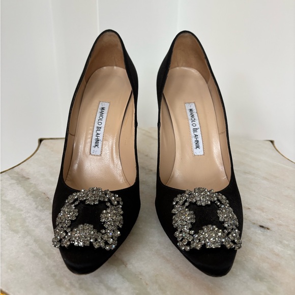 Manolo Blahnik $1800 Hangsi Black Heels with Crystal Embellishments 38 - Picture 3 of 7